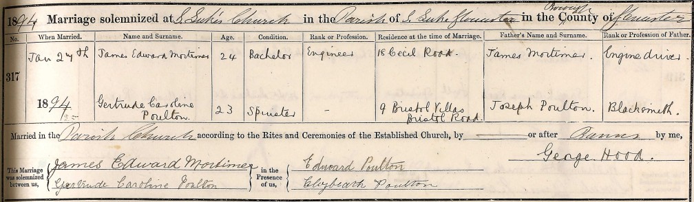 James E Mortimer & Gertrude C Poulton marriage